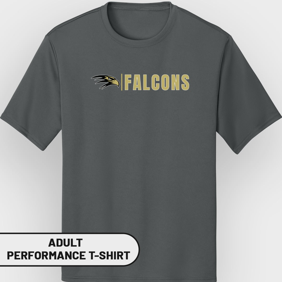 Gray adult performance t-shirt with gold "FALCONS" text and eagle logo.