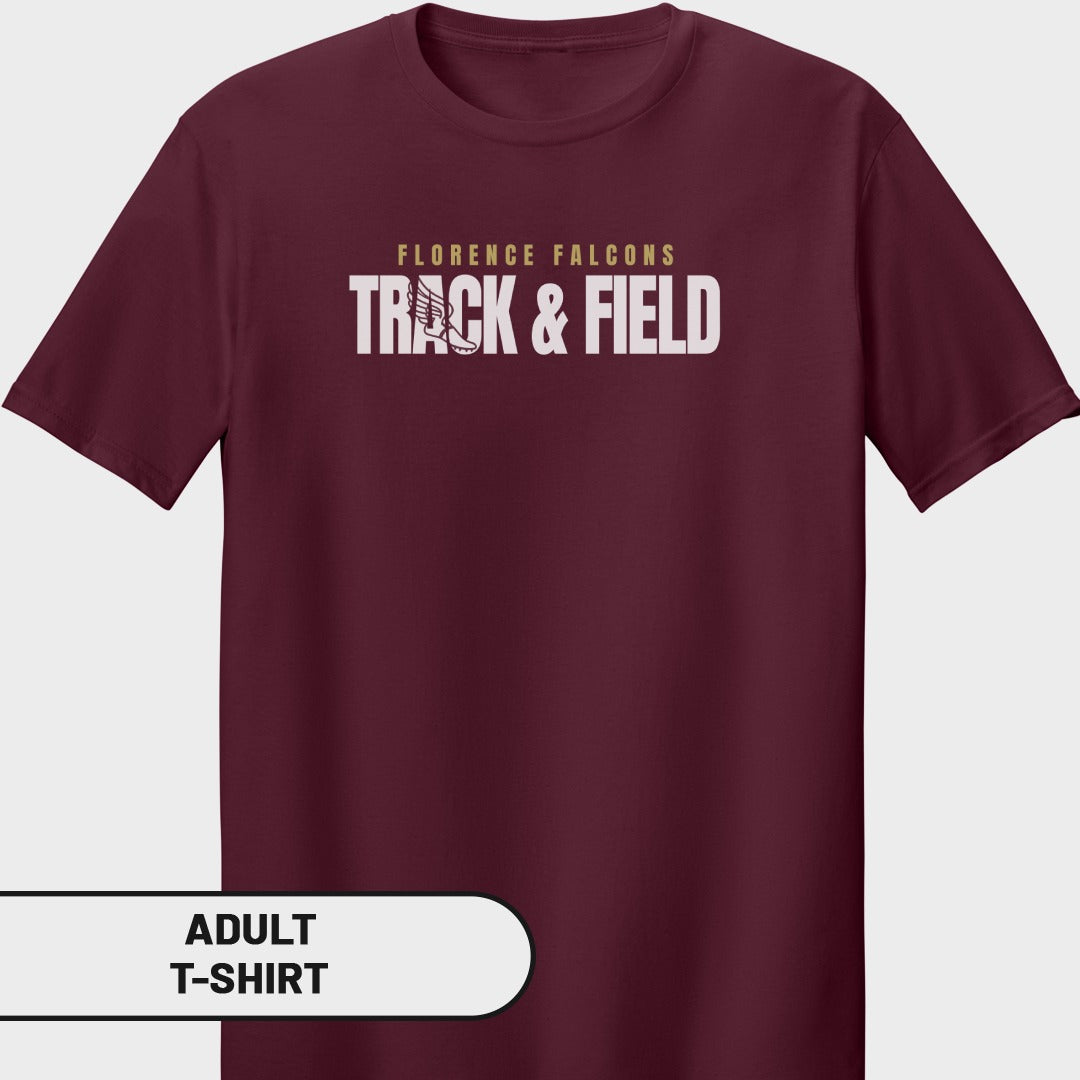 Maroon adult t-shirt with "Florence Falcons Track & Field" graphic and a shoe.