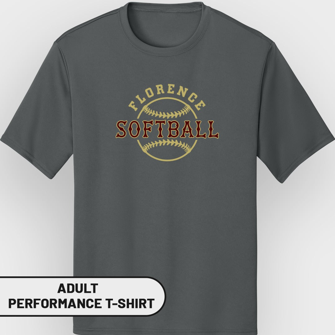 Gray adult performance t-shirt with "Florence Softball" text and a softball graphic.