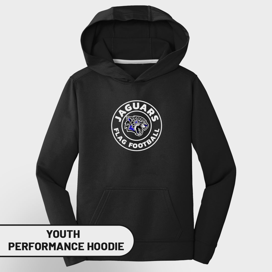 Youth black performance hoodie with Jaguars Flag Football logo.