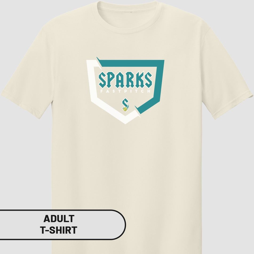 Cream t-shirt with Sparks Fast Pitch logo in teal and white shield.