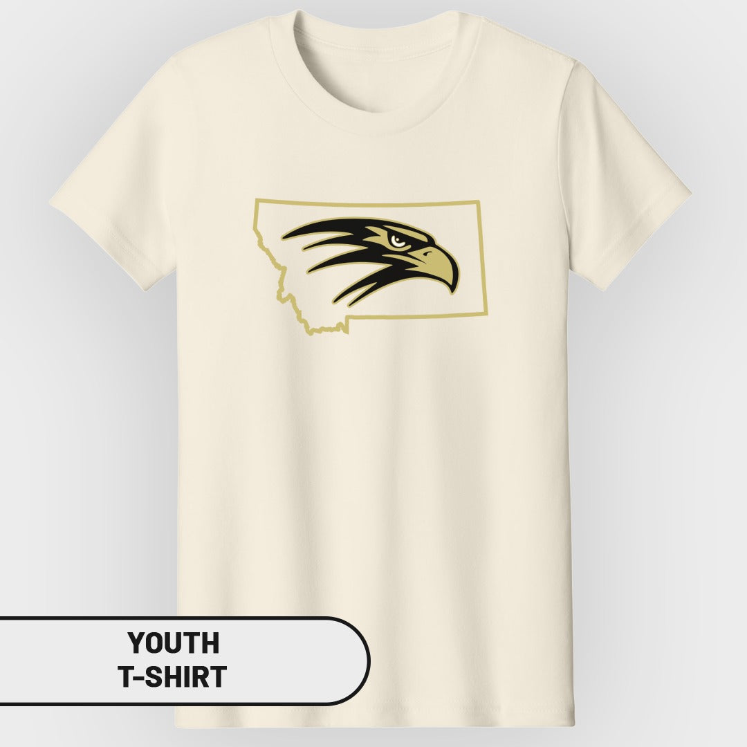 Youth t-shirt with Montana outline and black and gold eagle head graphic.