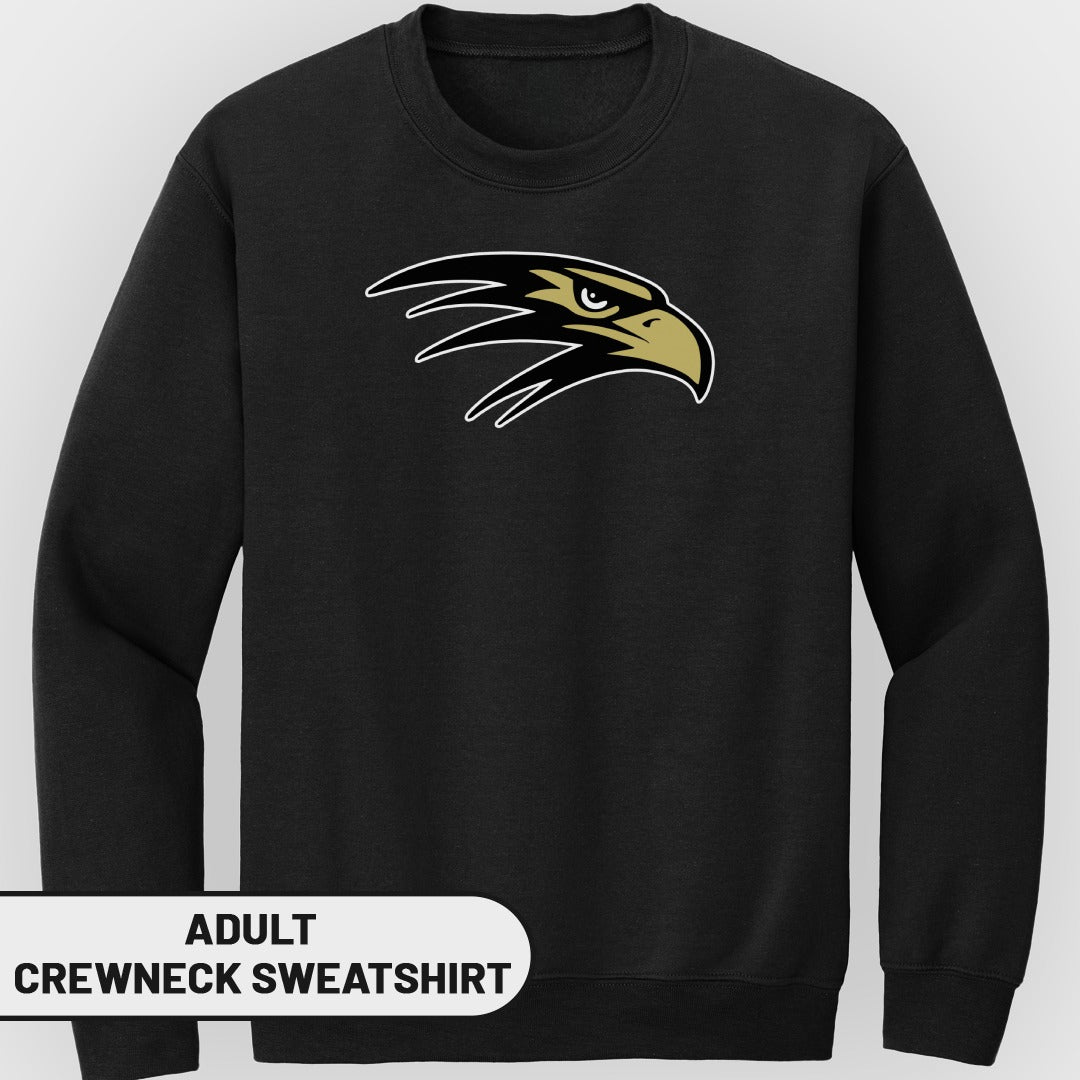 Black adult crewneck sweatshirt with gold and black eagle logo and text.