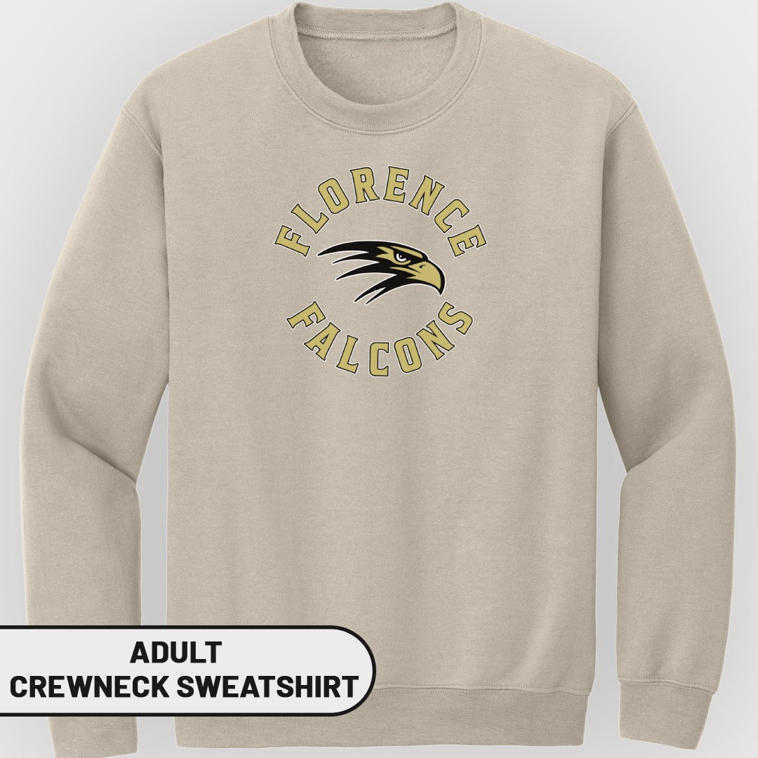 Tan adult crewneck sweatshirt with Florence Falcons logo.