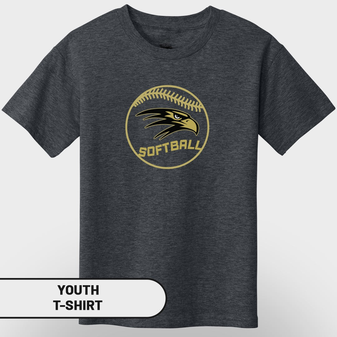 Dark gray youth t-shirt with gold and black softball eagle logo.