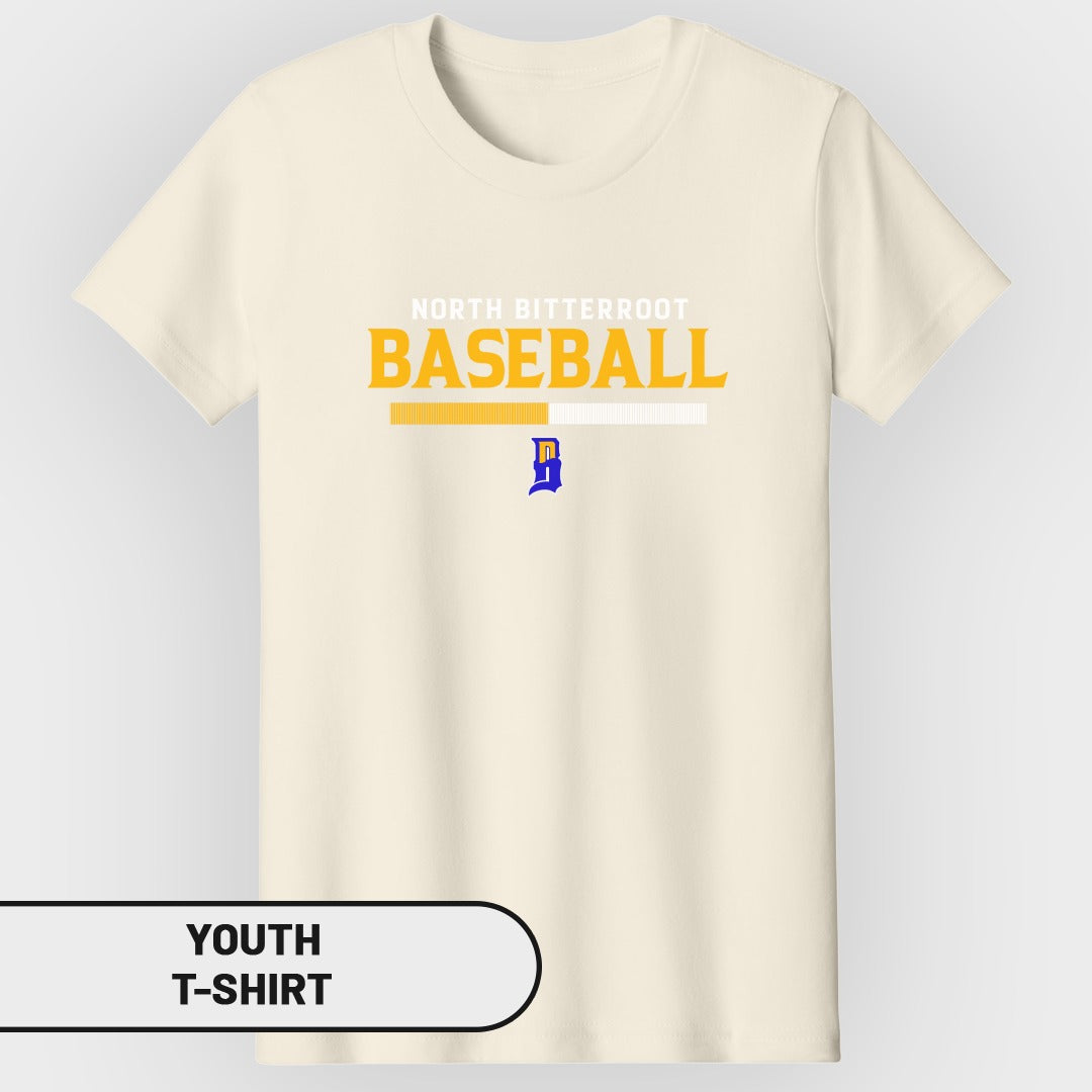 Cream t-shirt with "North Bitterroot Baseball" and a blue "B" logo.