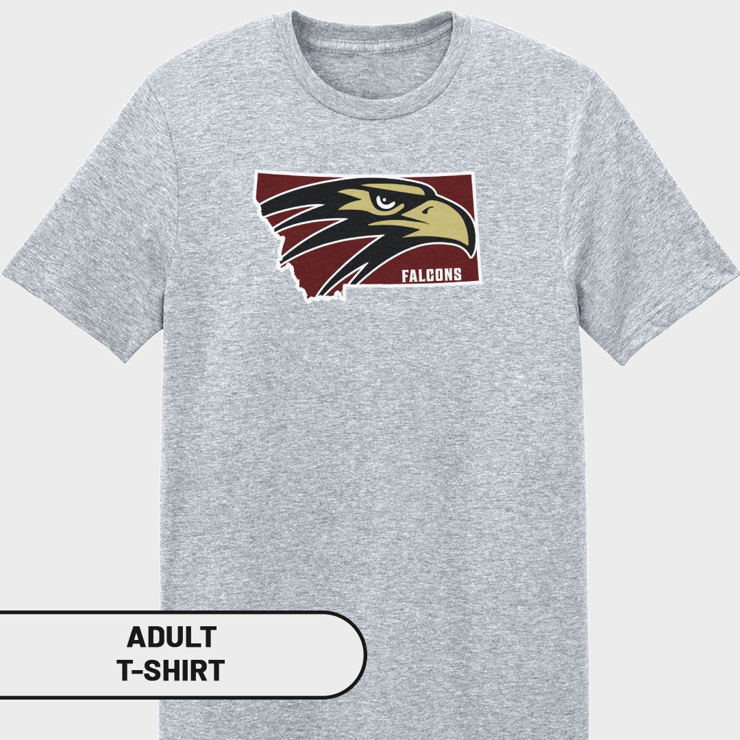 Grey t-shirt with Montana state outline featuring a falcon head and "FALCONS" text.