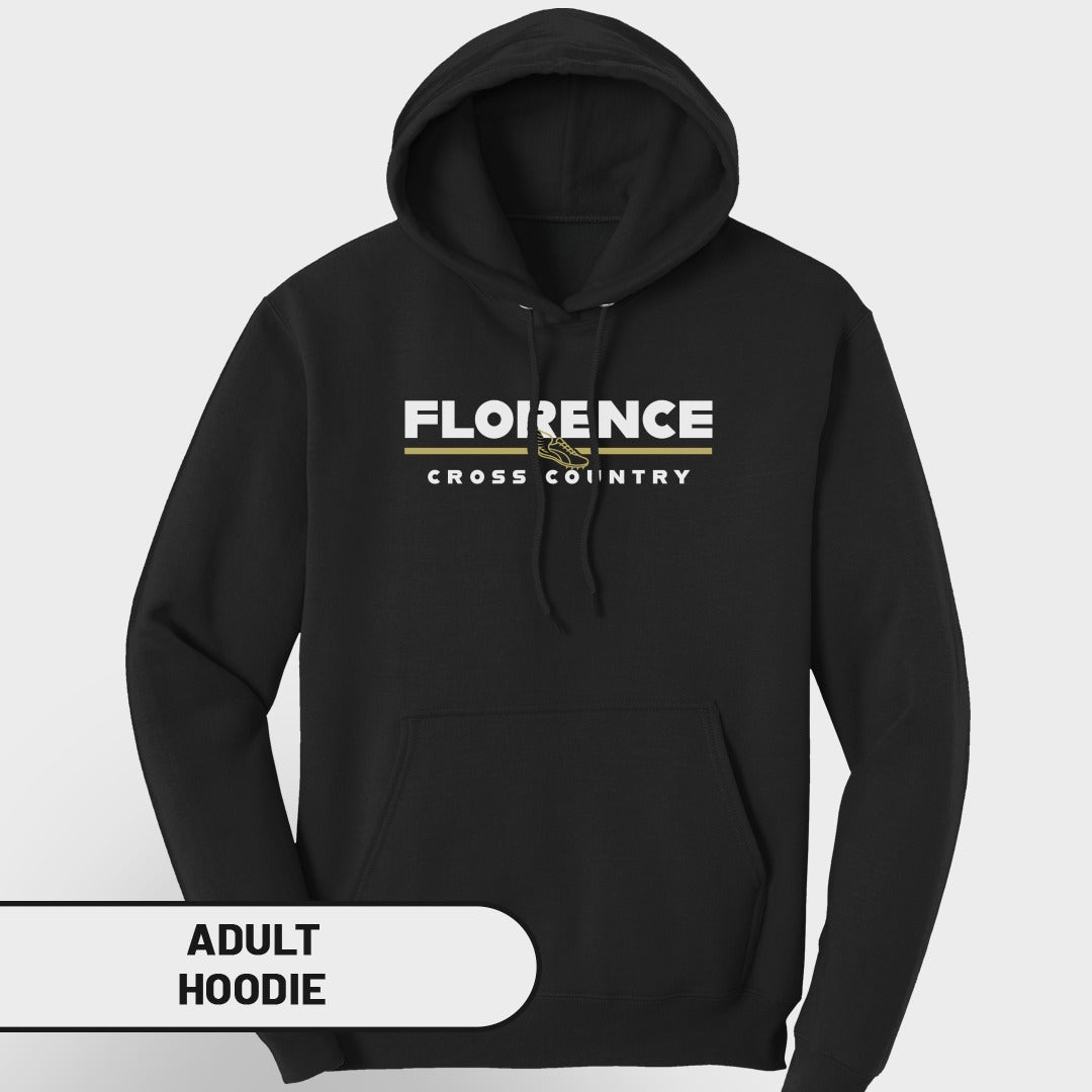 Black adult hoodie with "FLORENCE CROSS COUNTRY" and a shoe graphic.