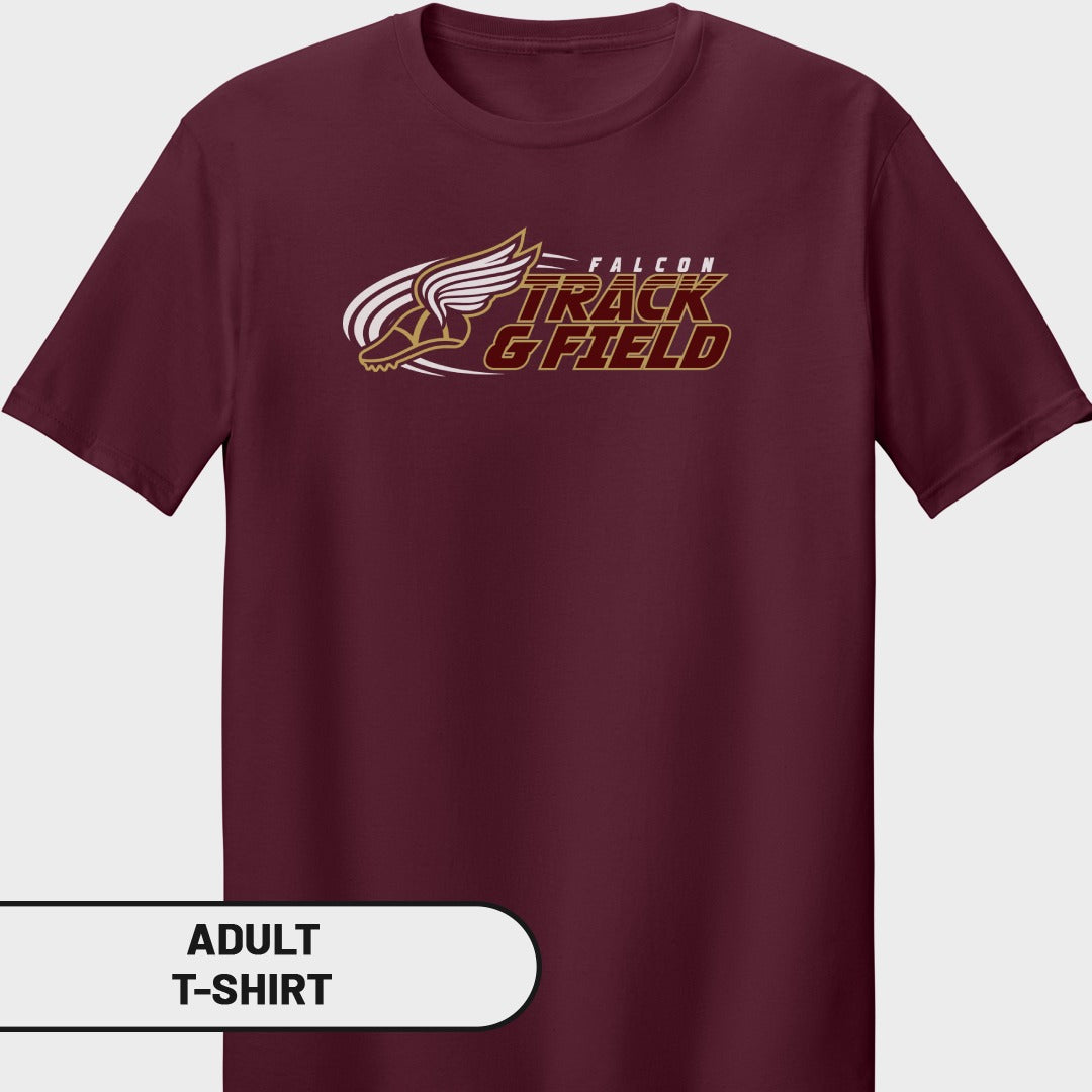 Maroon adult t-shirt with "Falcon Track & Field" text and winged shoe graphic.