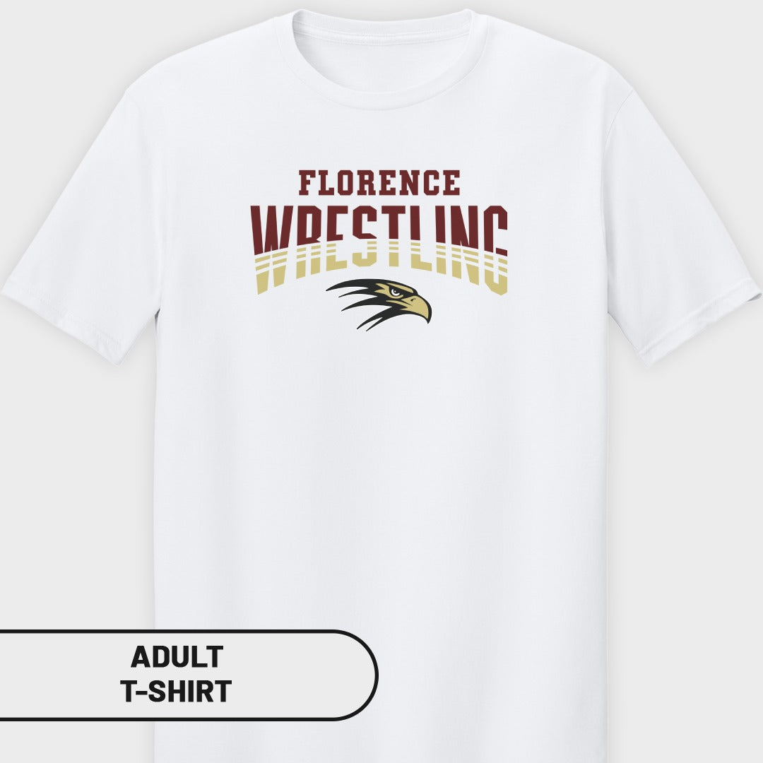 White adult t-shirt with "Florence Wrestling" text and an eagle graphic.