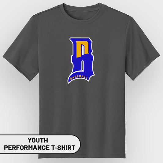 Dark gray youth performance t-shirt with blue and yellow "B" baseball logo.