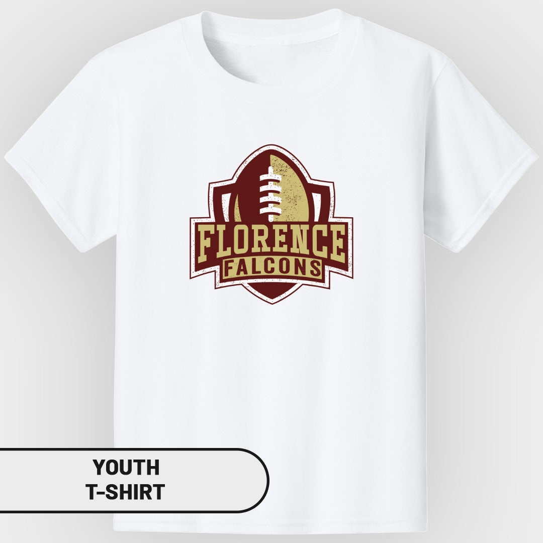 White youth t-shirt with distressed Florence Falcons football team logo.