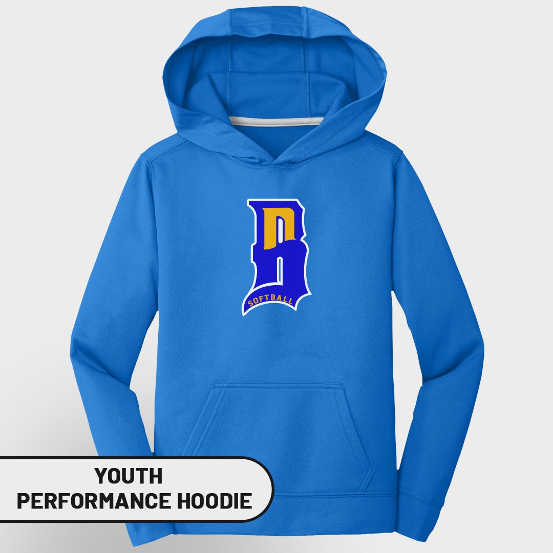 Blue youth performance hoodie with a yellow and blue "D Softball" logo.