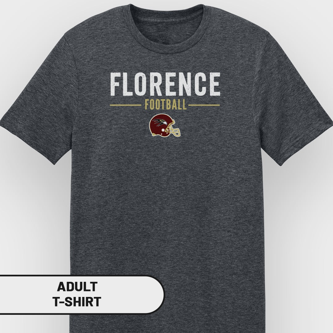 Dark grey adult t-shirt with "FLORENCE FOOTBALL" text and football helmet graphic.