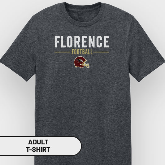 Dark grey adult t-shirt with "FLORENCE FOOTBALL" text and football helmet graphic.