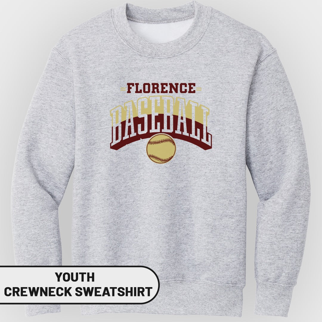 Light gray youth crewneck sweatshirt with "Florence Baseball" graphic and baseball icon.