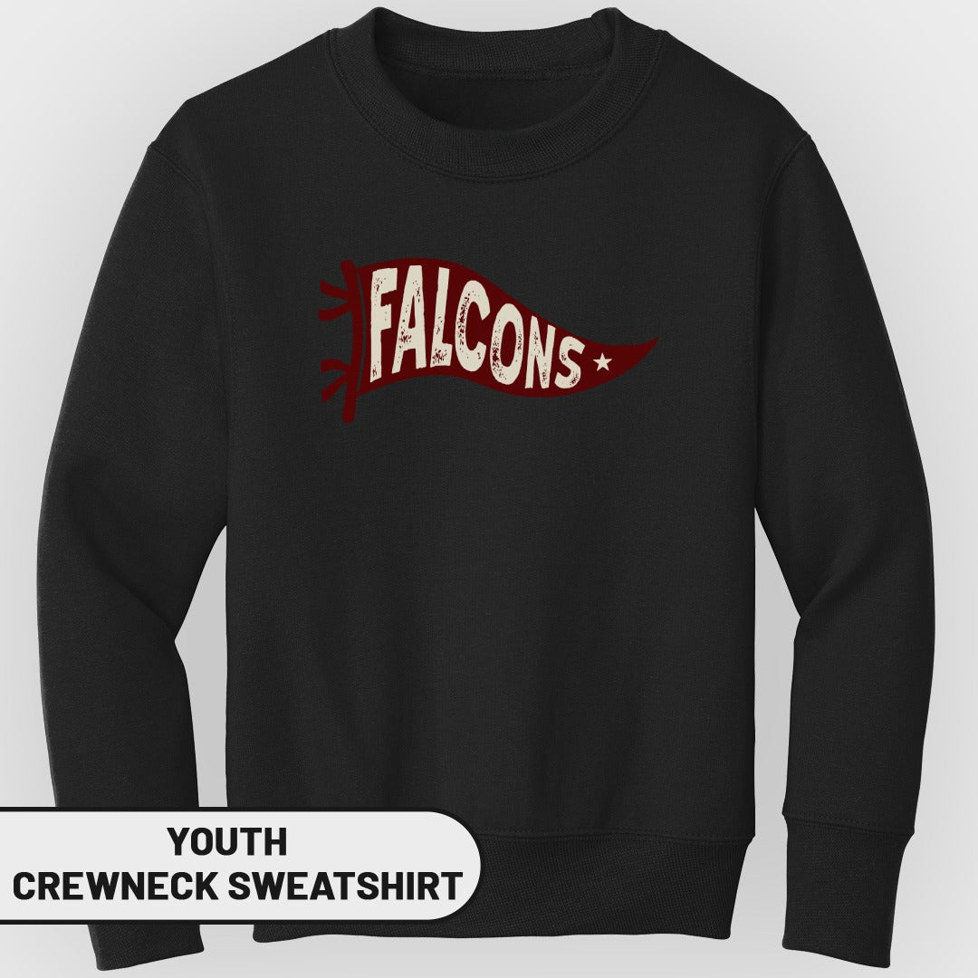 Youth crewneck sweatshirt with a red and white "Falcons" banner graphic.