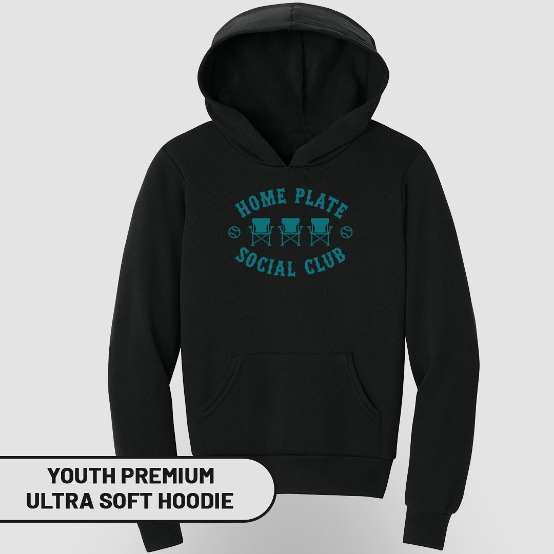 Black youth premium ultra soft hoodie with "Home Plate Social Club" text and chairs design.