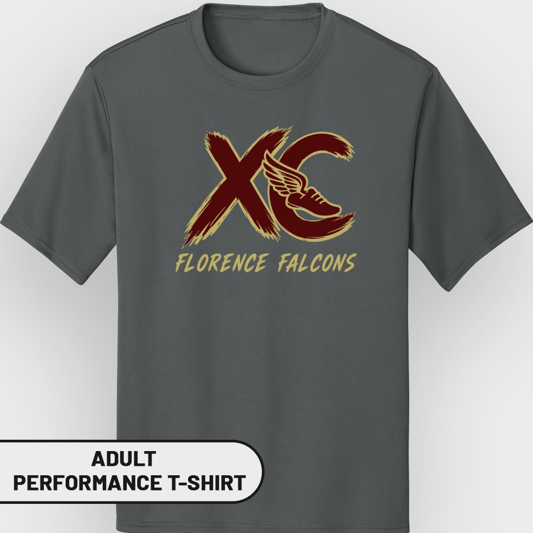 Dark grey t-shirt with burgundy XC logo and gold Florence Falcons text.