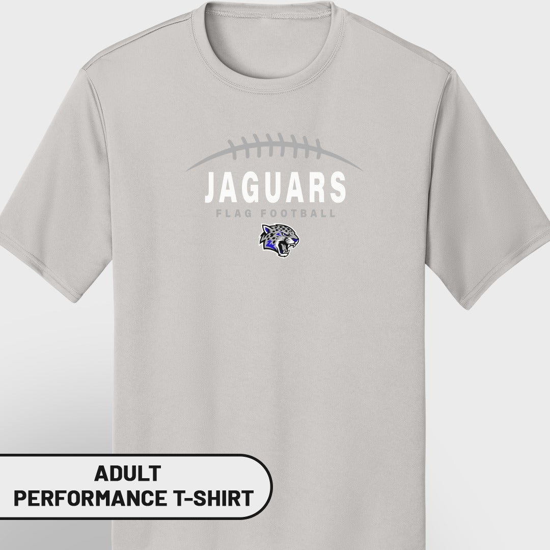 Gray adult performance t-shirt with Jaguars flag football logo and text.