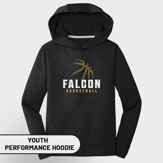 Black youth performance hoodie with "FALCON BASKETBALL" and basketball logo.