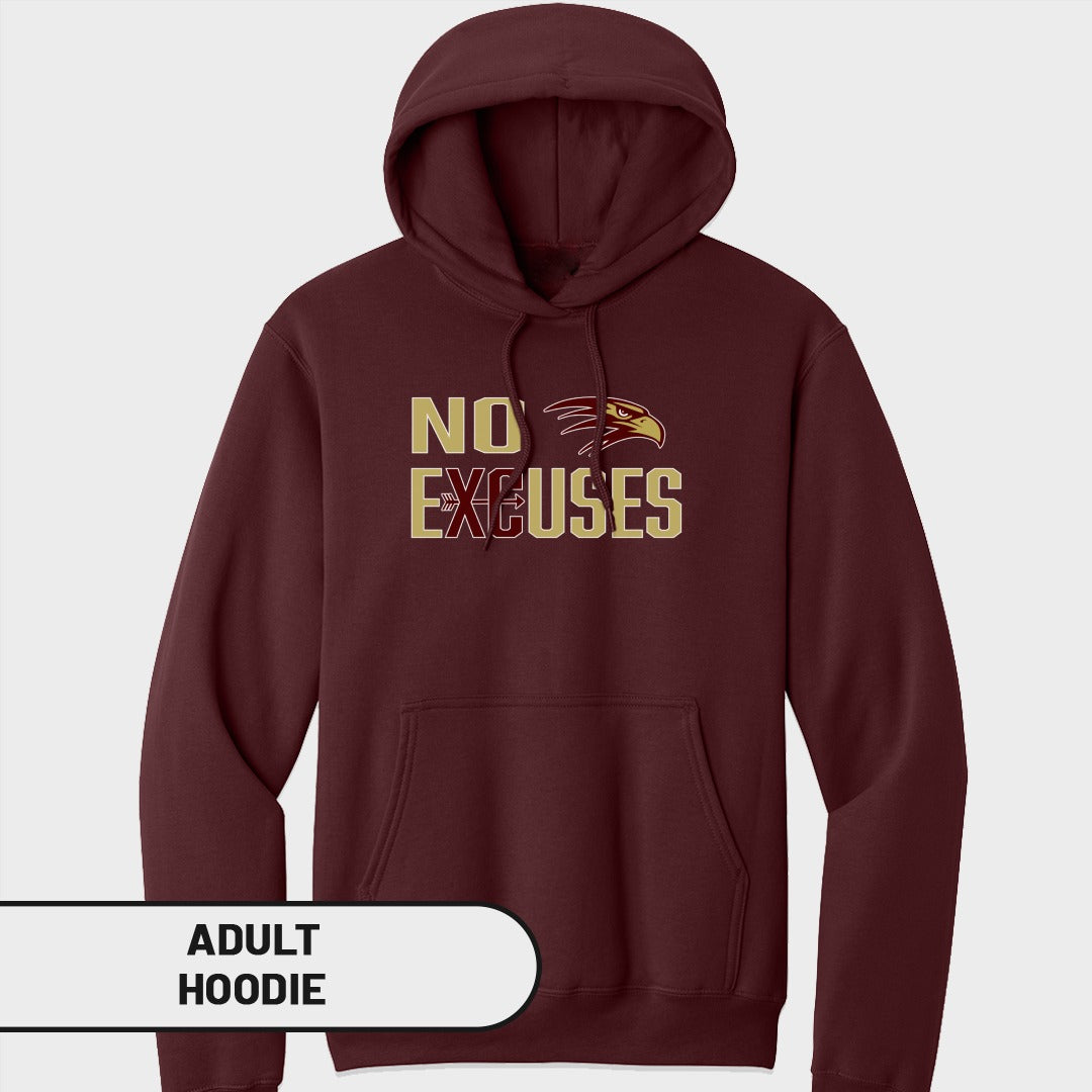 Maroon adult hoodie with "NO EXCUSES" text and an eagle graphic.