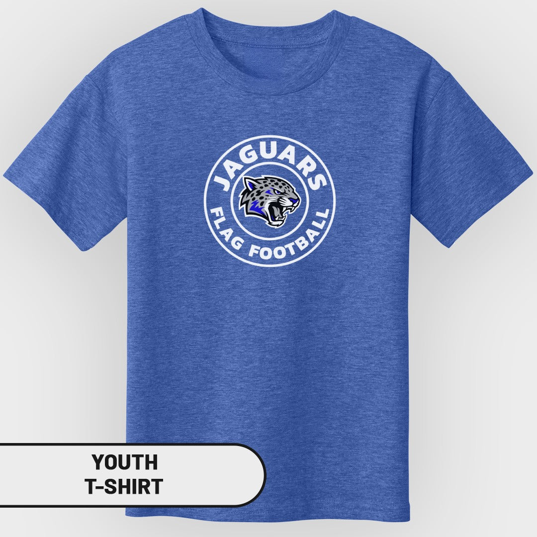 Blue youth t-shirt with white "Jaguars Flag Football" circular logo featuring a jaguar head.