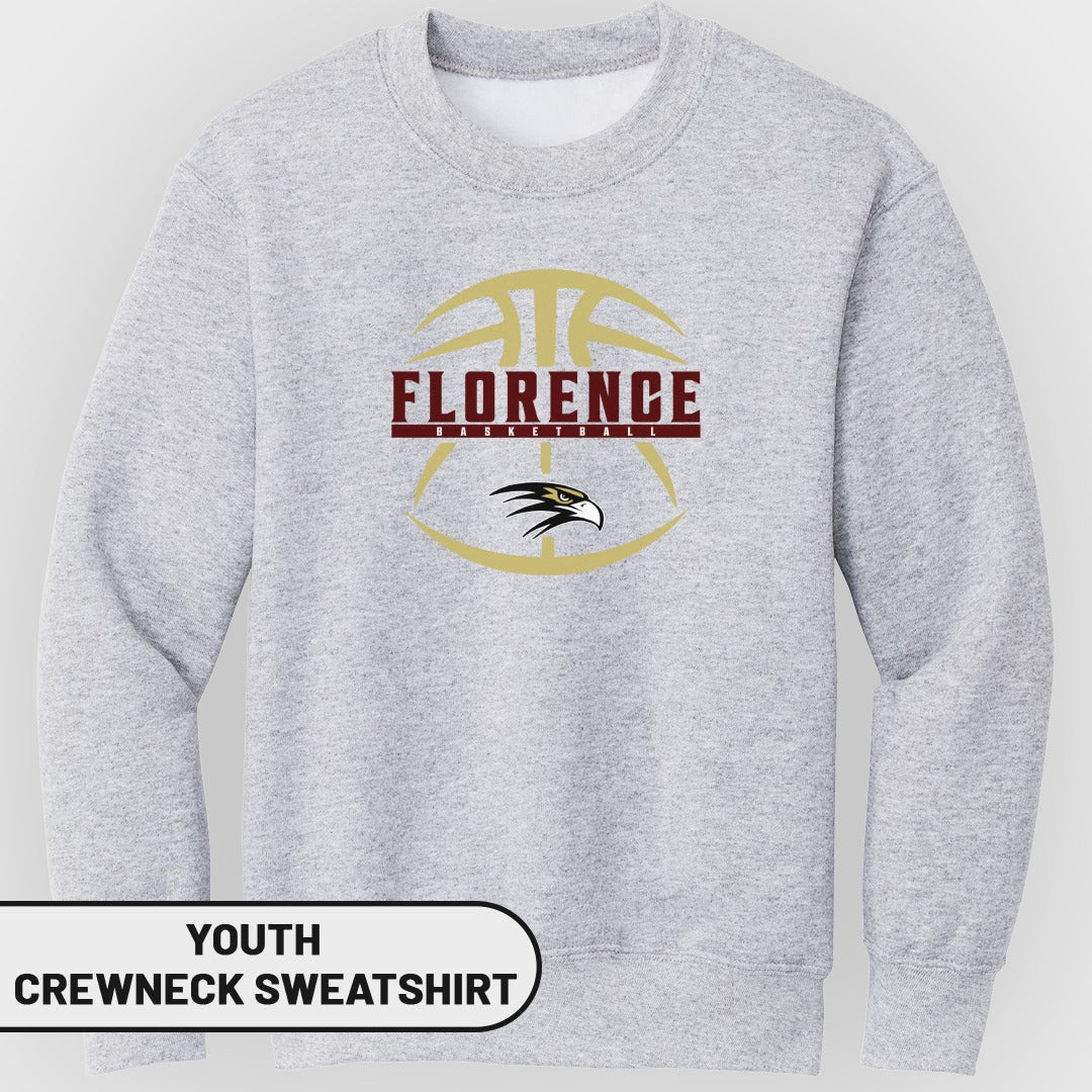 Youth crewneck sweatshirt with Florence Basketball logo and hawk emblem.