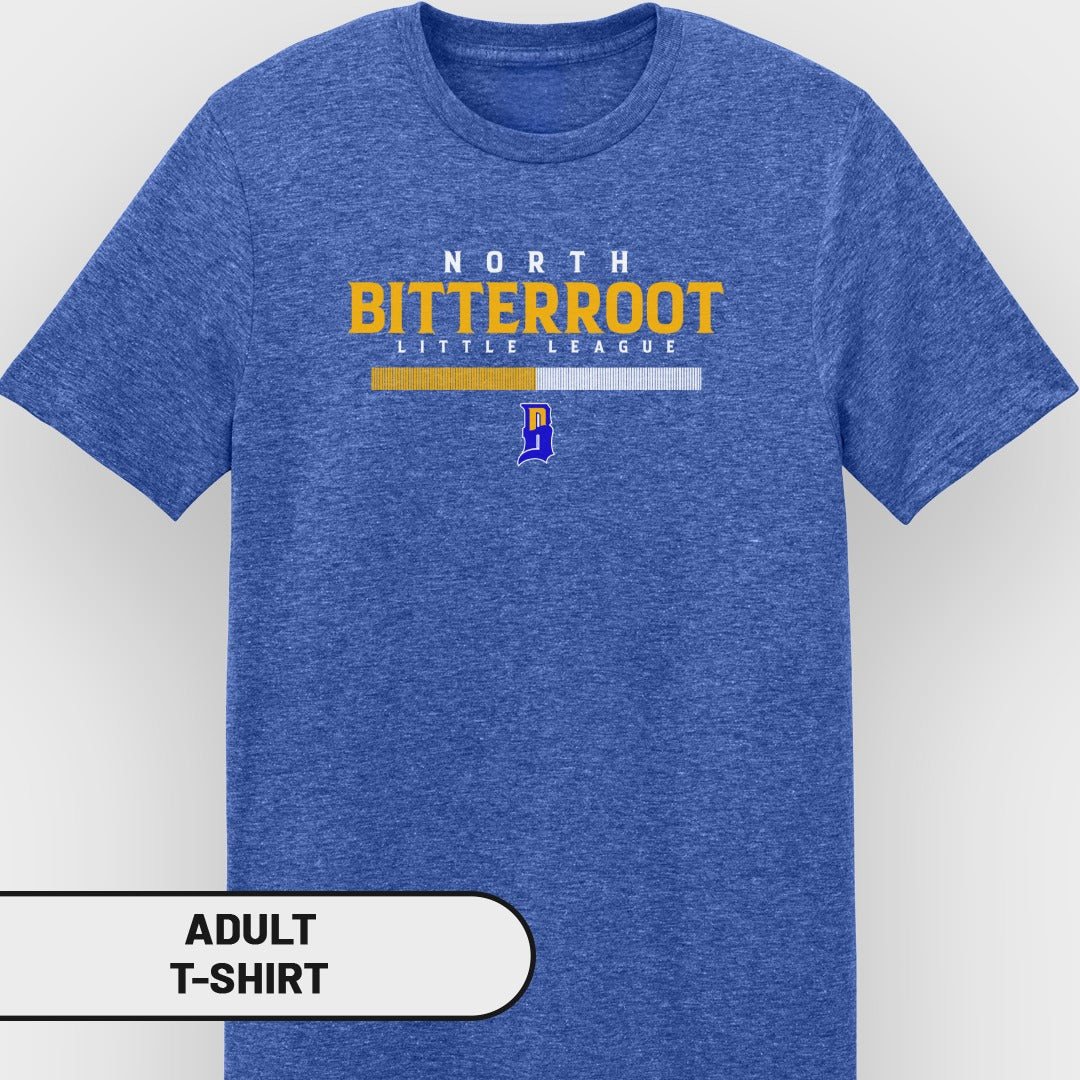 Blue heather t-shirt with "NORTH LITTLE LEAGUE" text and a small logo.