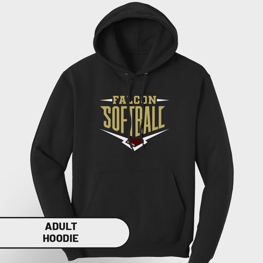 Black adult hoodie with "FALCON SOFTBALL" text and emblem on chest.
