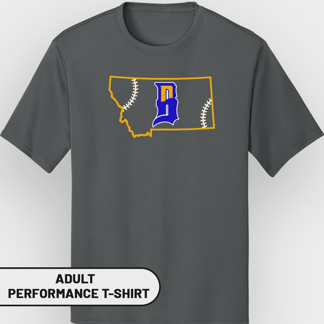 Dark grey t-shirt with Montana outline and baseball-themed "B" logo.
