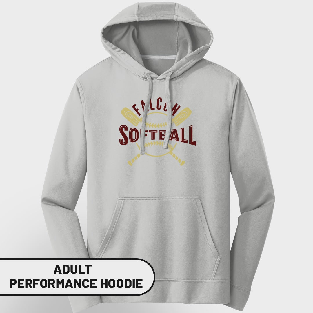 Light grey adult performance hoodie with "Falcon Softball" graphic.