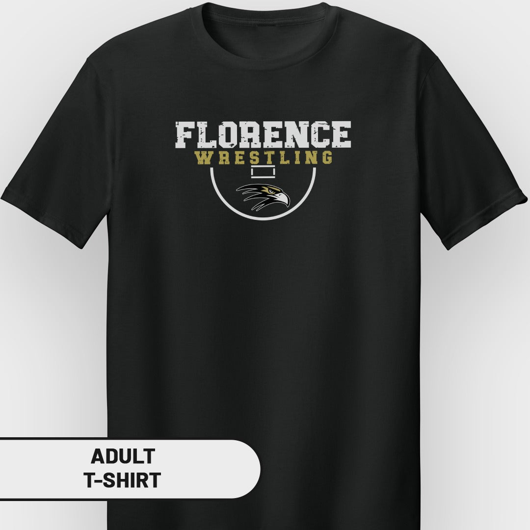 Black adult t-shirt with "Florence Wrestling" text and eagle graphic.