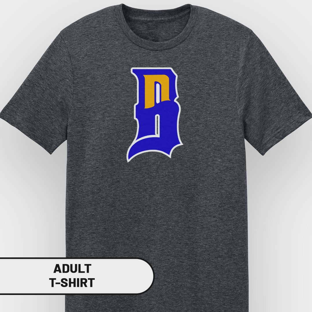 Dark grey adult t-shirt with blue and yellow 'D' logo.