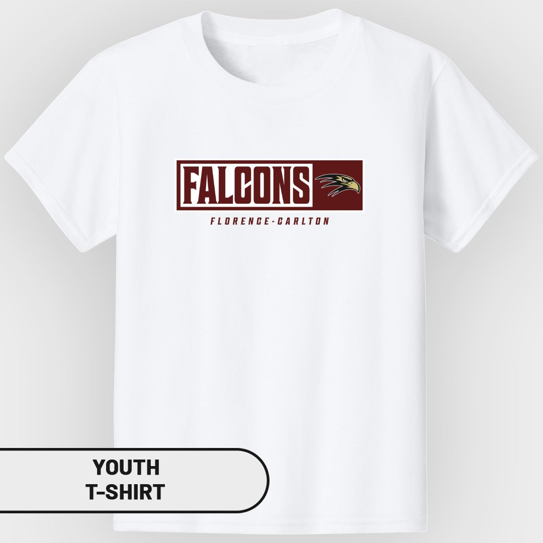 White youth t-shirt with "FALCONS FLORENCE-CARLTON" and hawk logo.