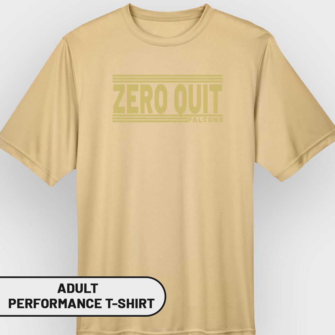 Tan adult performance t-shirt with "ZERO QUIT FALCONS" graphic.
