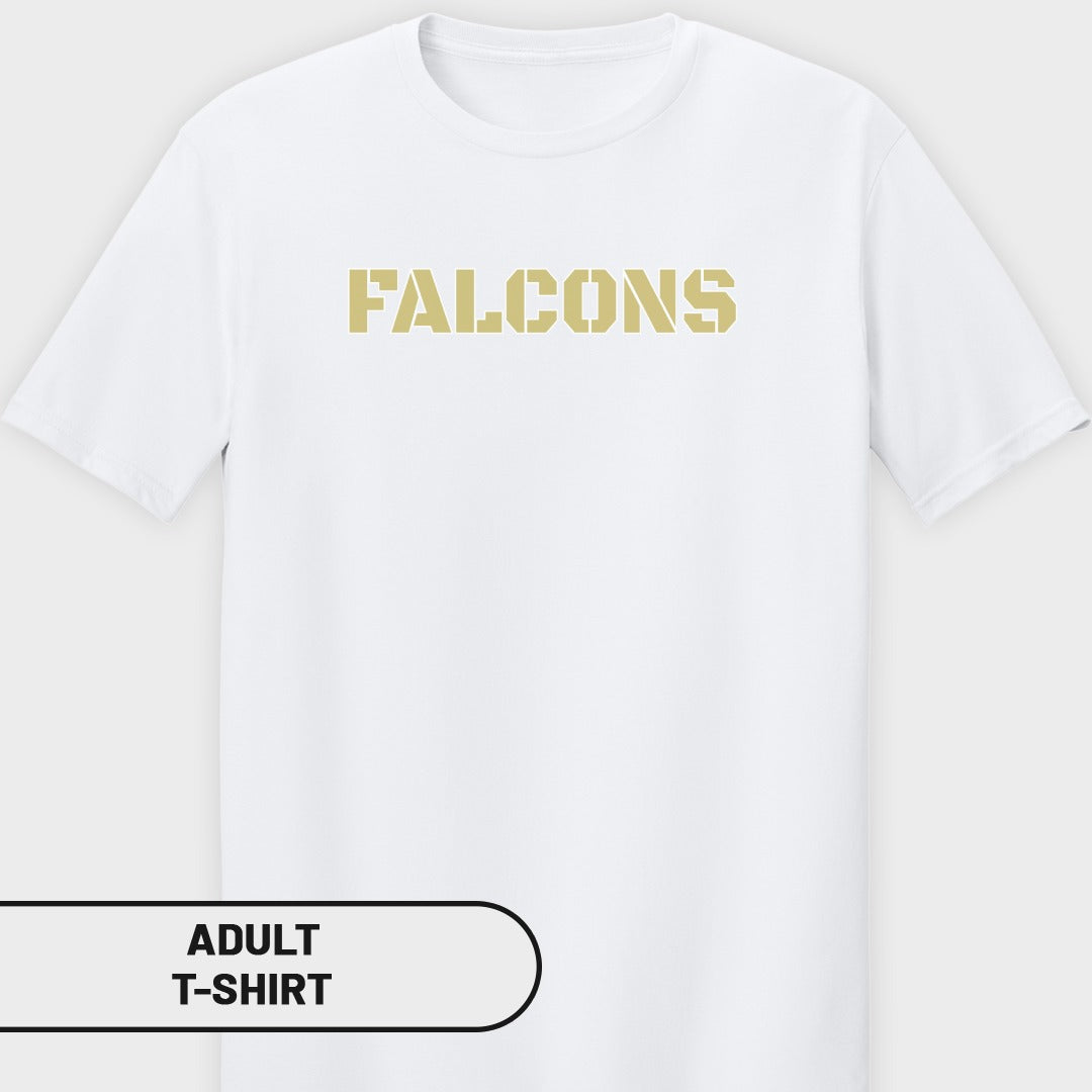 White adult t-shirt with gold "FALCONS" text in stencil font.