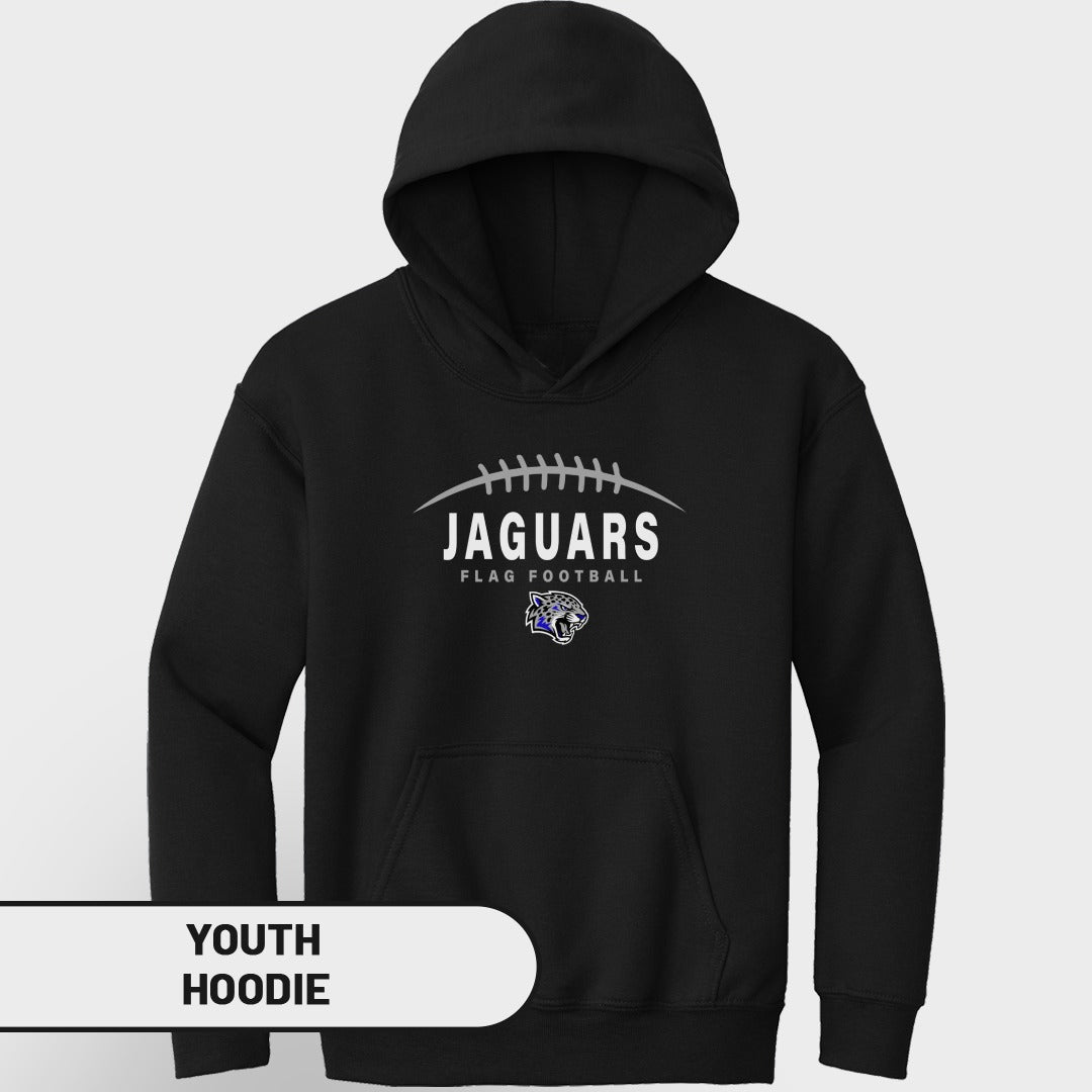 Black youth hoodie with "JAGUARS FLAG FOOTBALL" and jaguar logo.