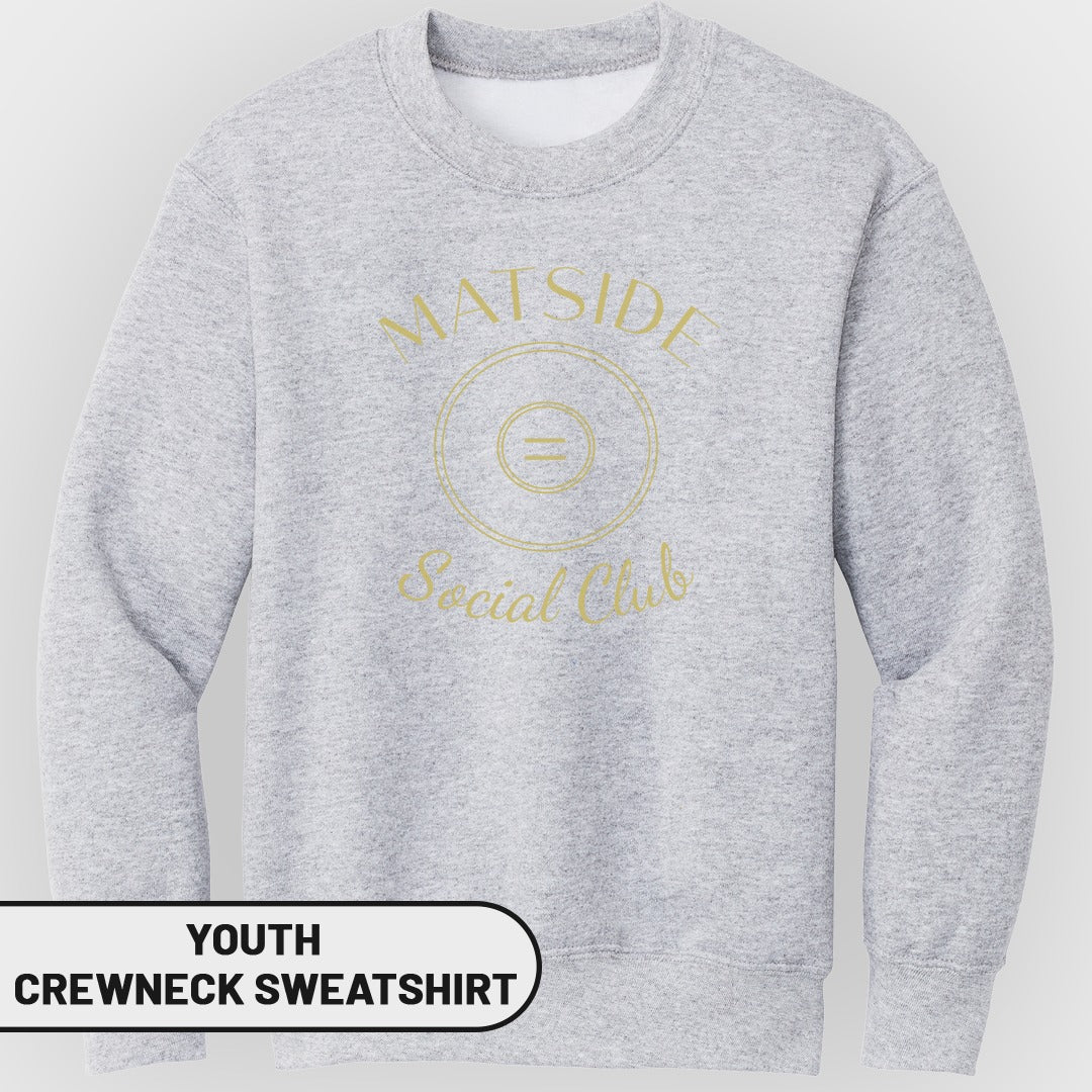 Youth grey crewneck sweatshirt with gold "Matside Social Club" text and emblem.