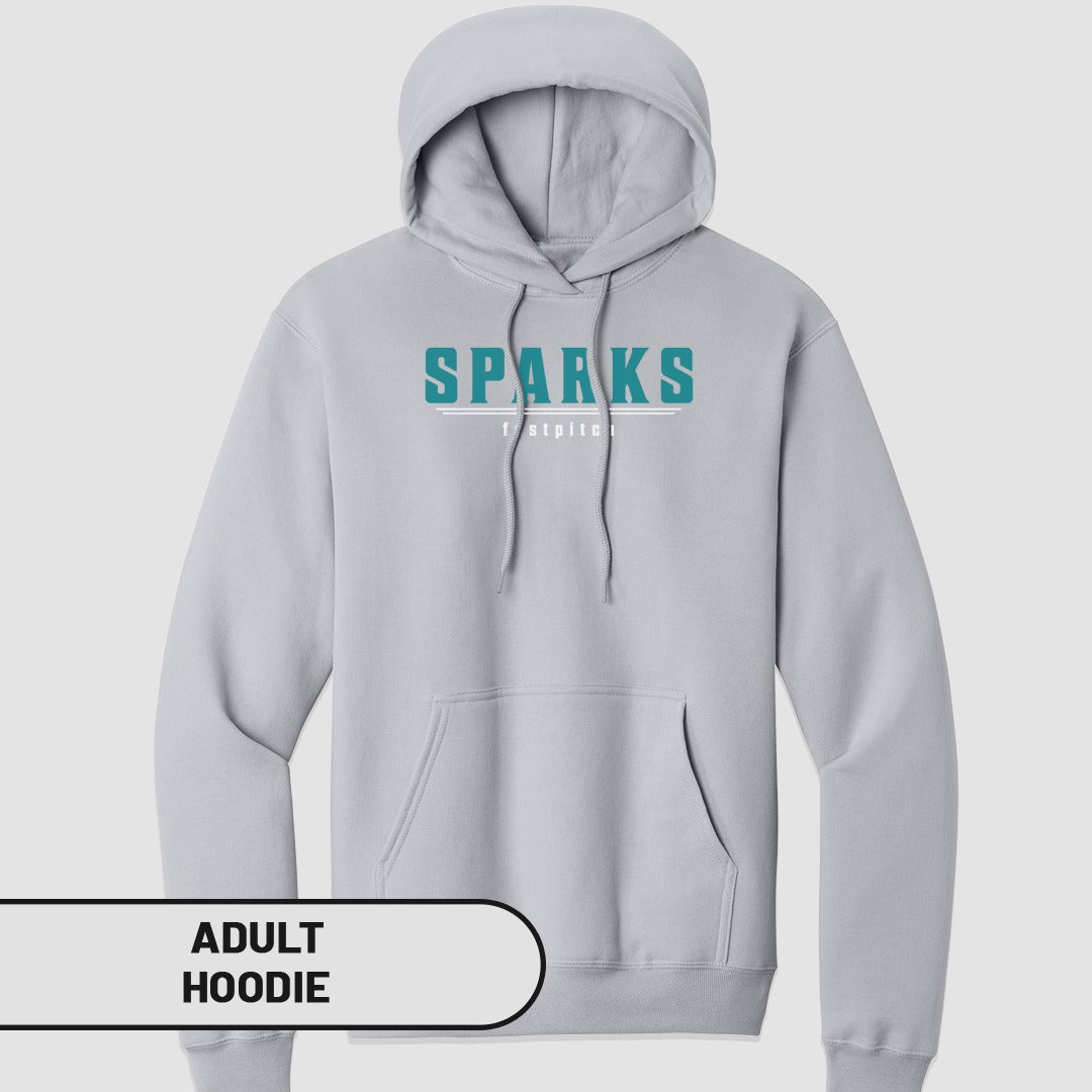 Light grey hooded sweatshirt with "SPARKS" and "firstpitch" text.