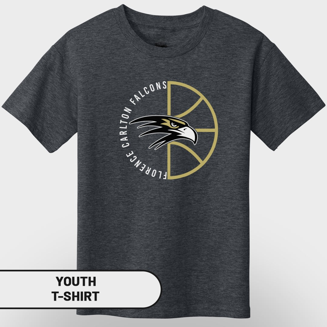 Youth t-shirt with Florence Carlton Falcons logo on a basketball graphic.