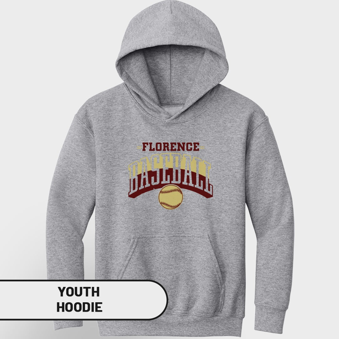 Grey youth hoodie with "FLORENCE BASEBALL" text and a baseball graphic.