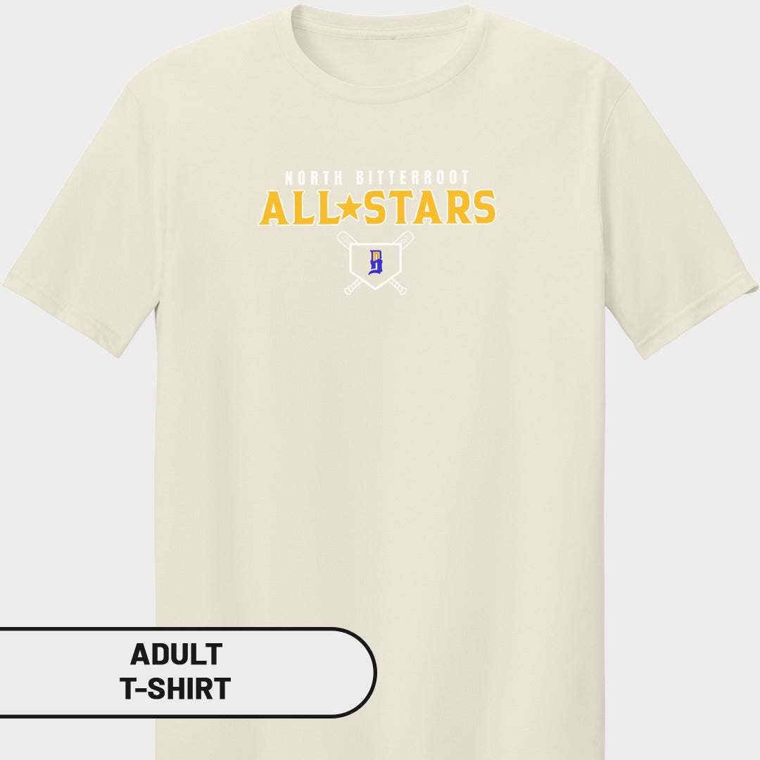 Cream t-shirt with "North Bitterroot ALL STARS" and baseball bats logo.