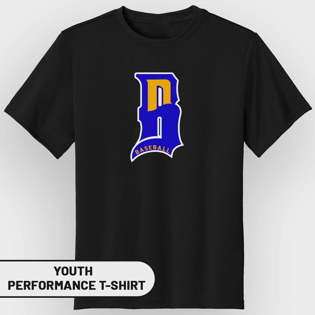 Black youth t-shirt with a blue and yellow "B" baseball logo.