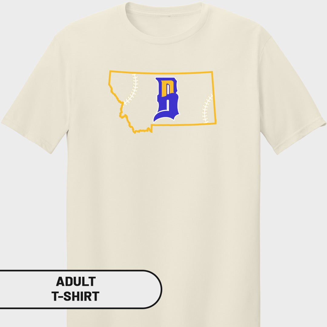 Cream t-shirt with Montana outline and blue 'D' logo, baseball stitches.