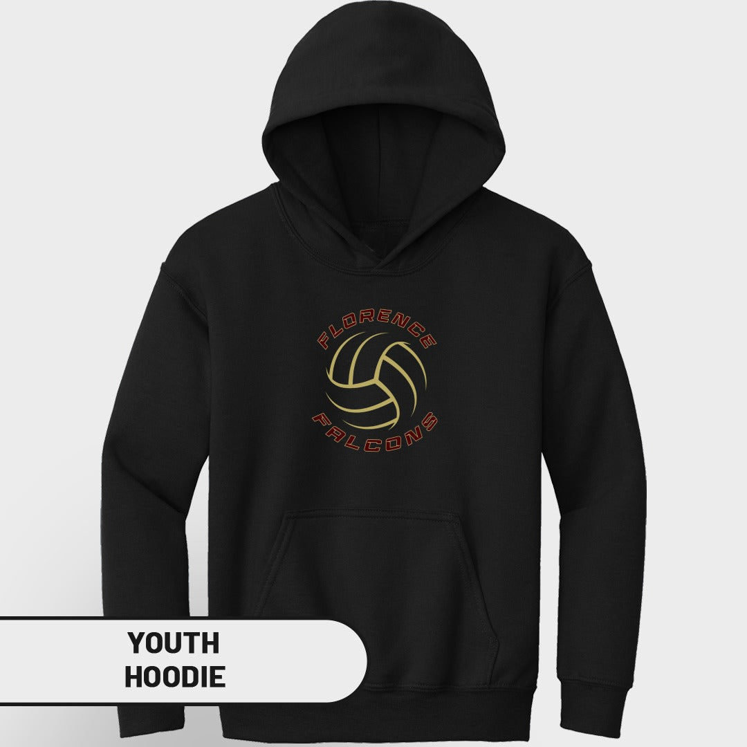 Black youth hoodie with "Florence Falcons" volleyball graphic.