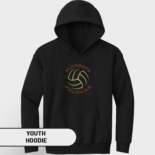 Black youth hoodie with "Florence Falcons" volleyball graphic.