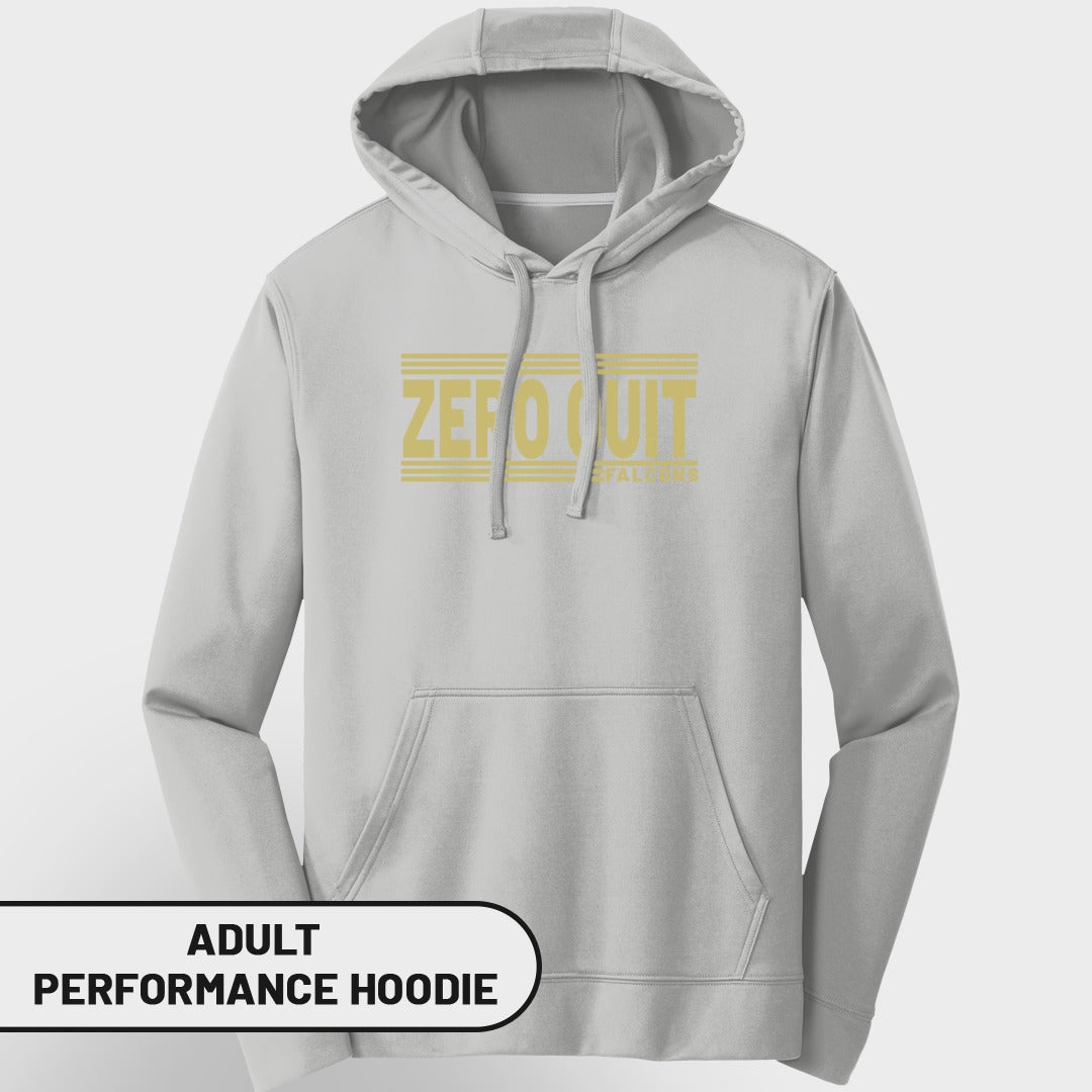 Light gray adult performance hoodie with "ZERO QUIT FALCONS" text.
