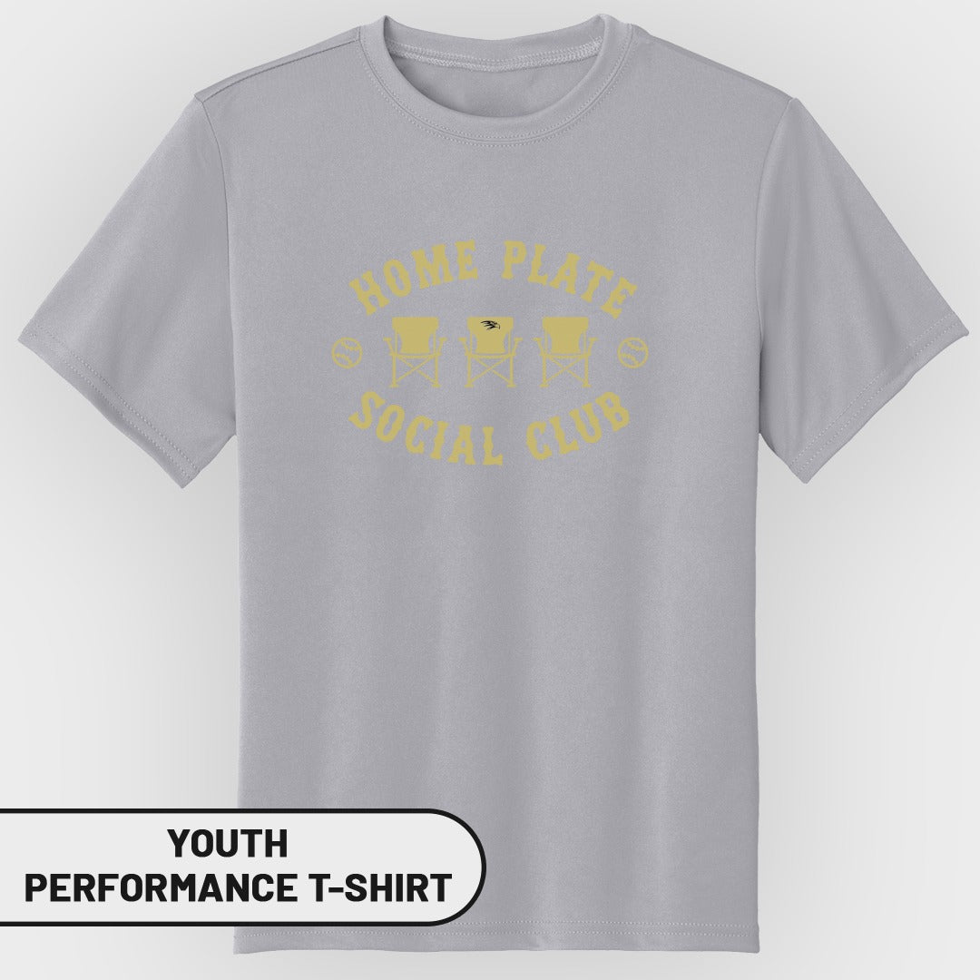 Light grey youth performance t-shirt with yellow "Home Plate Social Club" graphic.