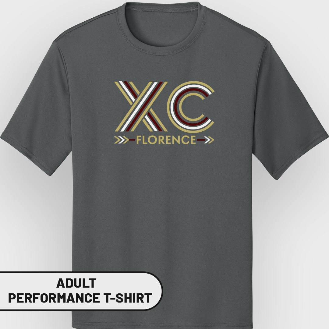 Dark gray adult performance t-shirt with "XC Florence" graphic.